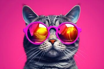 Portrait of grey british cat in fashion pink sunglasses. Funny pet on bright magenta background. Kitten in cool glasses. Fashion, style, summer vacation concept with copy space