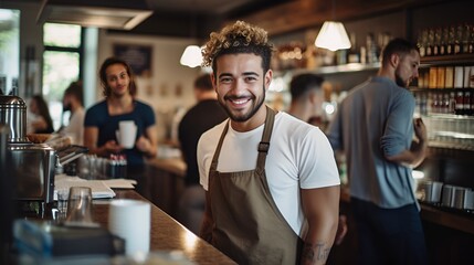 A barista making coffee behind a counter, coffee shop ambiance , barista, coffee making, counter, coffee shop - obrazy, fototapety, plakaty