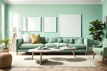 A sunlit living room captured in HD, showcasing a blank frame on a mint green wall, paired with simple and modern furniture in bright, solid colors.
