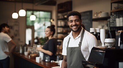Obraz premium A barista making coffee behind a counter, coffee shop ambiance , barista, coffee making, counter, coffee shop