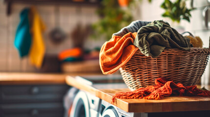 preparing for home washing of things, a basket with dirty clothes, a washing machine in the background. AI generated