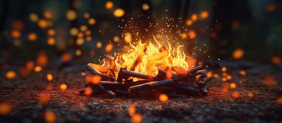 Nighttime bonfire, colored fire, orange red with small dots