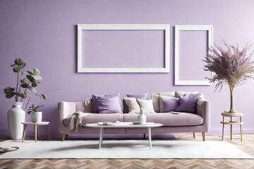 A clean and modern living room setup with an empty white frame on a soft lavender wall, surrounded by simple yet elegant furniture in muted tones.