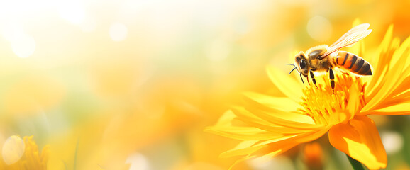 Macro shot of a bee on a yellow dandelion flower - obrazy, fototapety, plakaty