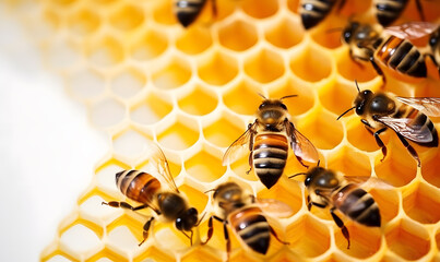 Bees working on a honeycomb on white background.