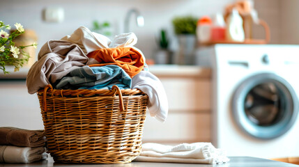 preparing for home washing of things, a basket with dirty clothes, a washing machine in the background. AI generated