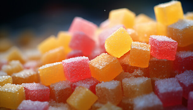 Recreation of jelly sugar cubes with different colours. Gummy candy	