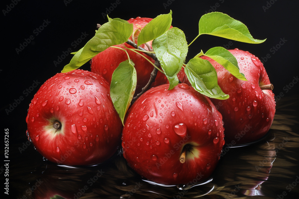 Wall mural Fresh red apples with water drops on black background, close up view