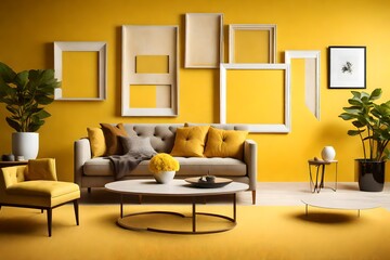 A modern living room design featuring a blank frame on a sunny yellow wall, accompanied by sleek furniture in bold, solid colors.