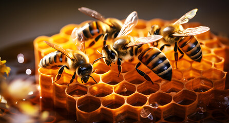 a bee on a honeycomb collects honey, sits on a honeycomb