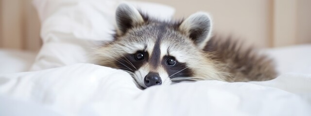 Cheerful cute racoon lying on white blanket. Funny forest animal character with funny face dreaming in bed at home. Exotic domestic pet concept