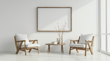 Living room design with empty frame mockup, two wooden chairs on white wall. AI Generative