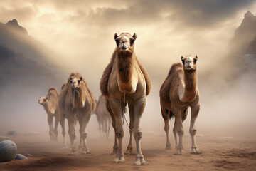 Three camels in the desert.