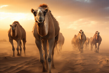 Fototapeta premium Camels in the Sahara desert