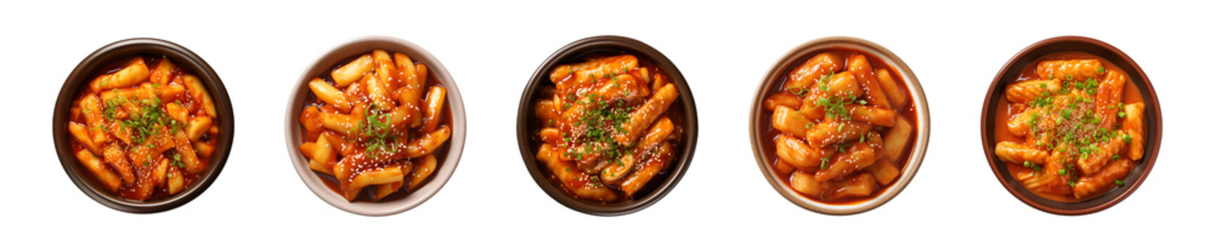 Collection bowl of Korean food, tteokbokki isolated on a transparent background, top view 