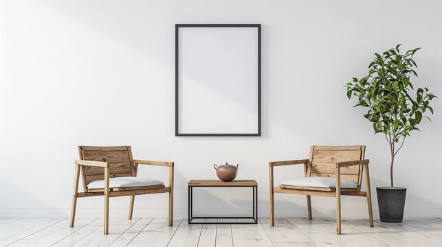 Living room design with empty frame mockup, two wooden chairs on white wall. AI Generative