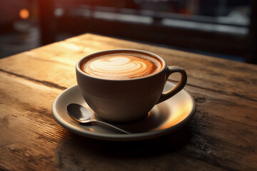 Obraz premium Coffee cup on wooden table in coffee shop, stock photo