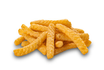Pile of crispy finger chip prawn cracker isolated on white background with clipping path.