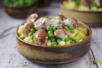 Swedish meatballs with mashed potato side dish - typical dish of Swedish cuisine