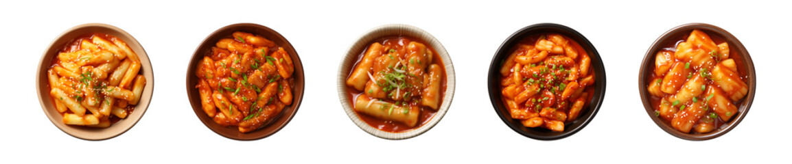 Collection bowl of Korean food, tteokbokki isolated on a transparent background, top view 