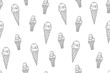 Foto auf Alu-Dibond Seamless pattern of ice cream in a waffle cone and waffle cup. Great for summer dessert menu design, banner, sites, packaging. Hand drawn. Doodle style. © Natalia