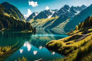Impressively beautiful Fairy-tale mountain lake in Austrian Alps. Breathtaking Scene. Panoramic...