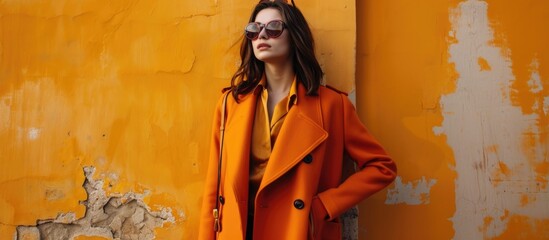 Stylish young woman dressed in trendy autumn attire, including an orange coat, pants, and fashionable sunglasses.