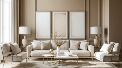 Living room interior in beige colors with three big whit frame. AI Generative