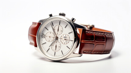 Elegant wristwatch with white dial and brown leather strap on white background. Perfect for business and fashion themes.