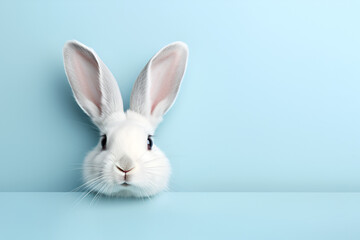 Obraz premium Сute white baby rabbit on light blue background