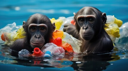 Monkeys playing with plastic waste in water garbage dump left by human. Environmental pollution
