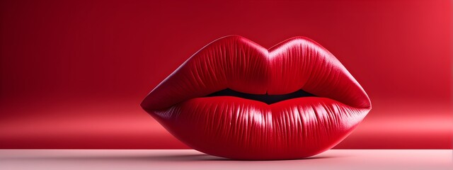 Valentines day background wallpaper banner. Lips in rose color on the red velvet satin background. Generative AI - obrazy, fototapety, plakaty