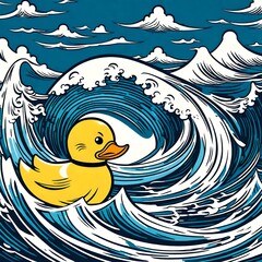 Fototapeta premium cute illustration of a rubber duck floating in the ocean with rough water and waves all arounf