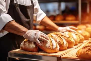 Gordijnen Male hands of baker © Aida