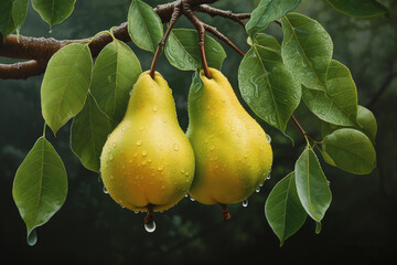Yellow pears grow on a branch