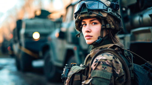 Girl soldier in military uniform, military equipment in the background. AI generated