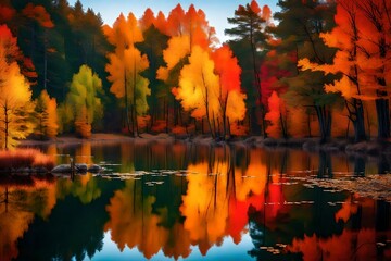 Scenic sundown, best and beautiful fall autumn lake landscape of trees reflected in water. amazing colors, vivid shades, super hd nature wallpaper background. Nature photography, most wonderful places
