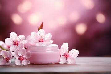 Obraz na płótnie Canvas Sakura blossoms and beauty cream on wooden table. Design for natural beauty products. Image Mother's Day, for spa service, cosmetic products, beauty salon. Banner with space for text.