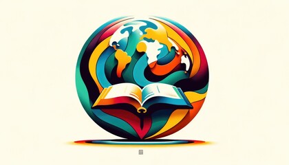 Religious global mission: Spreading the word. Illustration of an open bible or book with a colorful...