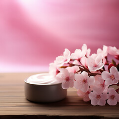 Sakura blossoms and beauty cream on wooden table. Design for natural beauty products. Image Mother's Day, for spa service, cosmetic products, beauty salon. Banner with space for text.