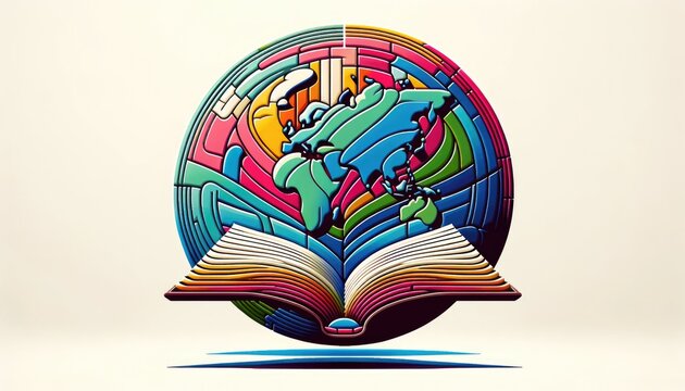 Religious global mission: Spreading the word. Illustration of an open bible or book with a colorful map of the world.
