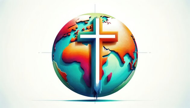 Religious global mission: Spreading the word. Christian cross on the globe. 3D rendered illustration. Isolated on white.