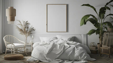 Mock up frame in cozy home interior background, coastal style bedroom. AI Generative