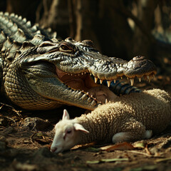 Fototapeta premium The crocodile wants to eat the little lamb