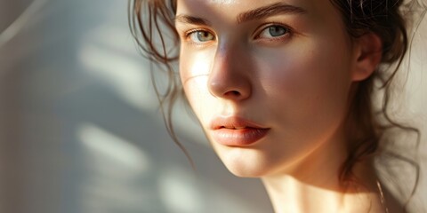 Fototapeta premium Beautiful woman in her clean skin skin care moist skin blue eyes open looking straight