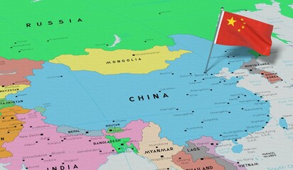 China, Beijing - national flag pinned on political map - 3D illustration