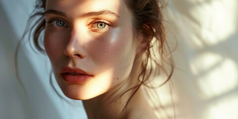 Beautiful woman in her clean skin skin care moist skin blue eyes open looking straight - Powered by Adobe