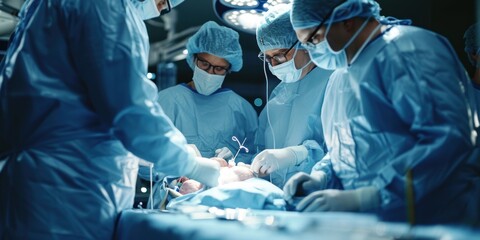 Doctors using a new robotic surgery technique to perform a heart transplant - obrazy, fototapety, plakaty