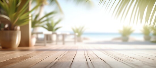 White sand beachside wooden terrace Blur tropical beach, bokeh sun and palm trees in coffee photo room - obrazy, fototapety, plakaty