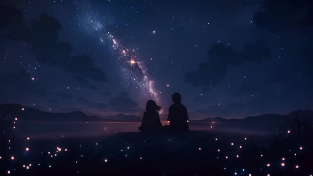Cute couple watching a beautiful sparkling sky. A couple in love looks at the stars. Valentine's Day. Color illustration. Sparkling galaxy. Romantic Valentine Love